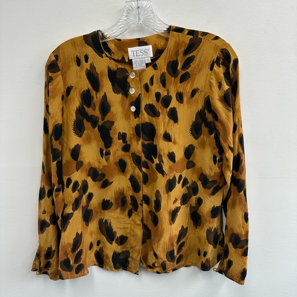 Vintage 90's Leopard Print Doe Print Brown 100% Silk Lightweight Button Front S - Picture 6 of 9
